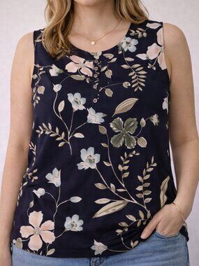 Cleo Petites Floral Sleeveless Blouse Medium Navy Blue Tank Top Business Casual